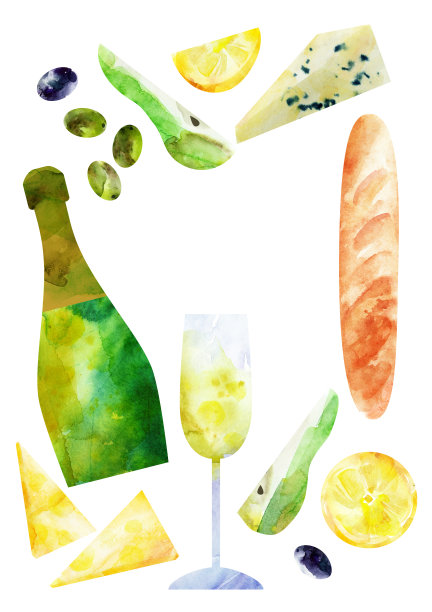 水彩抽象白香槟酒瓶，玻璃和零食图片下载