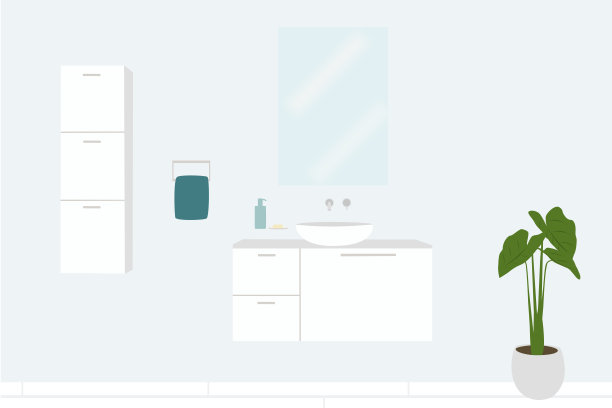浴室内部有白色橱柜，镜子和盆栽植物图片下载