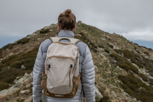 年轻男人在山脊上徒步旅行，阴天图片下载