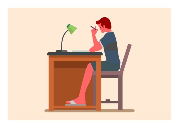 小男孩努力学习。简单的平面插图。图片下载