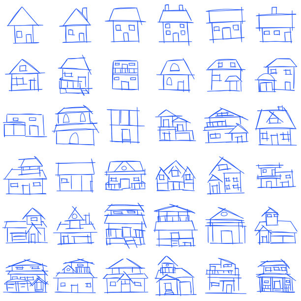 房子图标一套粗糙的线条艺术，简单，蓝色图片下载