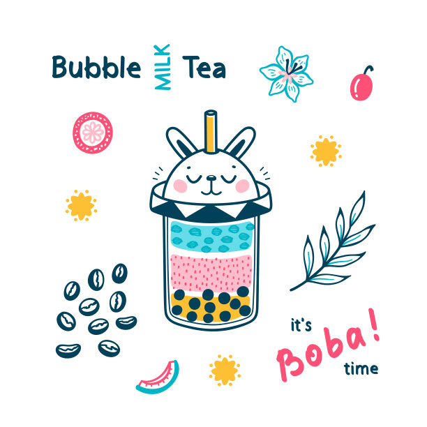 泡泡茶矢量菜单海报。涂鸦塑料外卖杯可爱的兔子角色。夏季珍珠牛奶饮料及水果，咖啡豆，鲜花。珍珠茶配木薯粉。图片下载