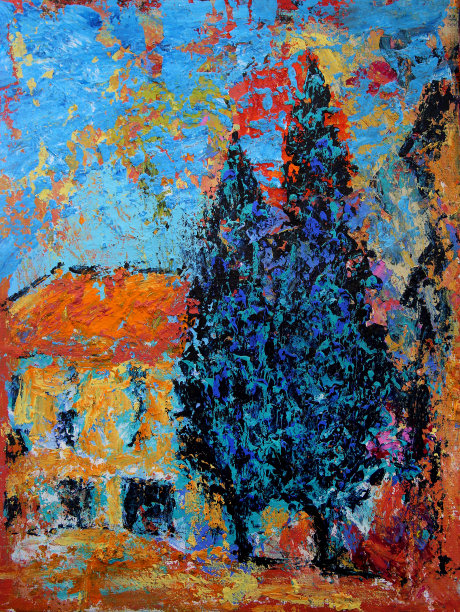 老城屋和两棵树的美术画图片下载