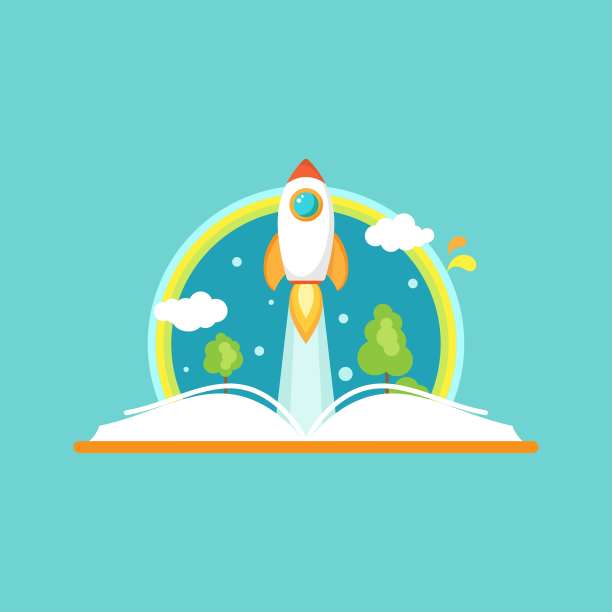 17、翻开书，有火箭船，有云和彩虹。孤立的蓝色。图片下载