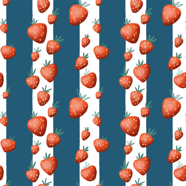 红色草莓无缝图案上的条纹背景。多汁草莓图案的厨房装饰，自制果酱包，织物印花，儿童壁纸。夏季草莓重复图案瓷砖图片下载