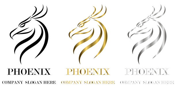 三色黑金色银线矢量标志的凤凰头它显示力量和力量图片下载