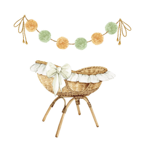 新生儿水彩配件，婴儿摇篮插图。孩子们的装饰手绘。图片下载