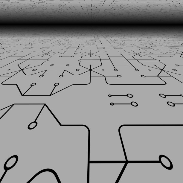 从灰色背景上的黑色程式化的计算机电路连接到单个层的无限表面视图消失点图片下载