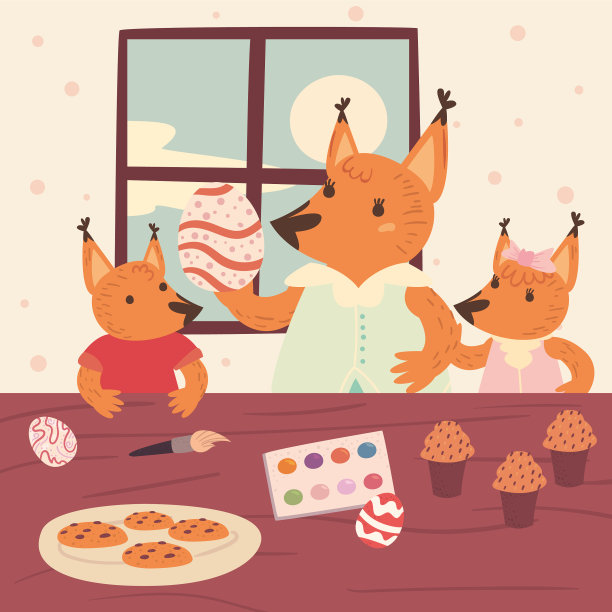 复活节快乐狐狸卡通家庭与鸡蛋和图片下载