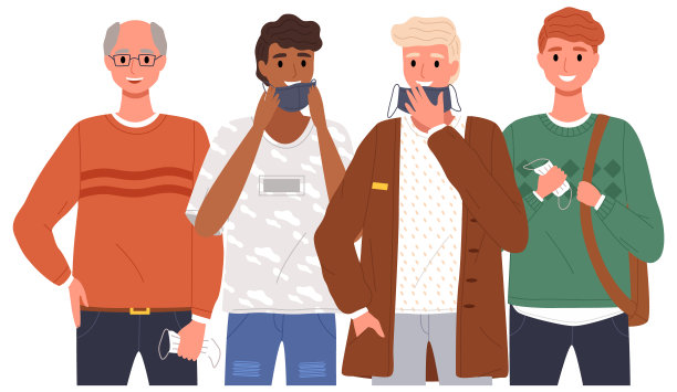 一群人戴着医用口罩。卡通人物摘下防护面具，露出微笑图片下载