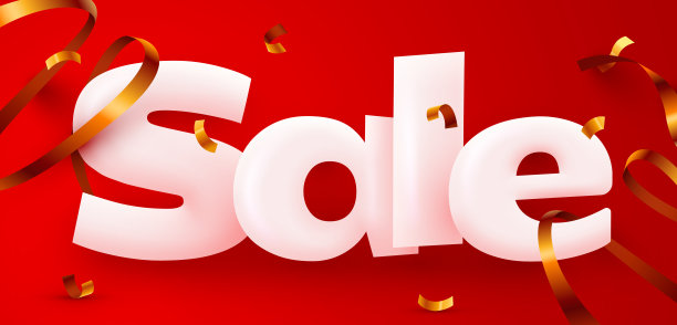 大的折扣。以鲜红色为背景的大型促销横幅或海报设计。销售文字作文与五彩纸屑。图片下载