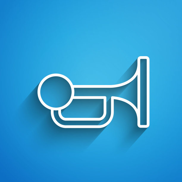 白线信号喇叭在车辆图标孤立在蓝色背景。长长的阴影。向量图片下载