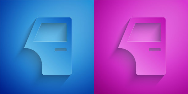 剪纸车门图标隔离在蓝色和紫色的背景。纸艺术风格。向量图片下载