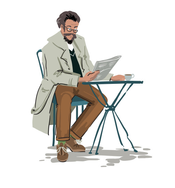 一名男子坐在咖啡馆的桌子旁，读着报纸上的矢量速写图片下载