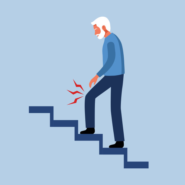 老人膝盖痛而走楼梯在平面设计。腿部疼痛。肌肉或骨骼问题。图片下载