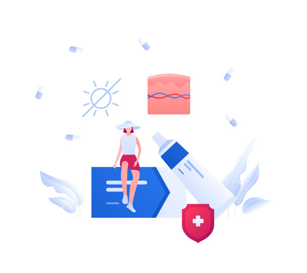 皮肤科和皮肤病的治疗理念。矢量平面医学插图。女病人坐在药箱上。有盾牌保护标志的药筒和药丸。设计医疗保健。图片下载