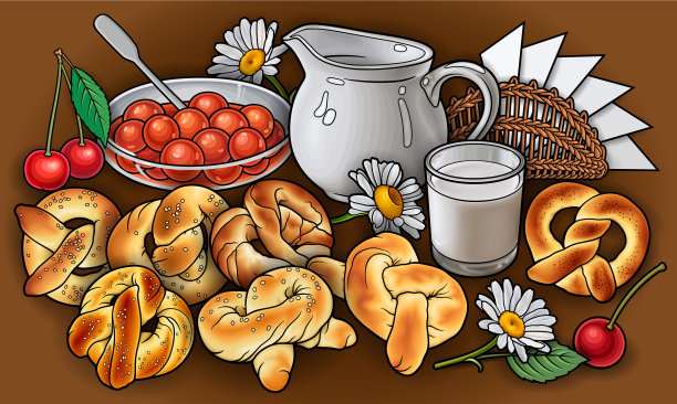 面包，花，牛奶，餐巾，草莓，手绘图片下载