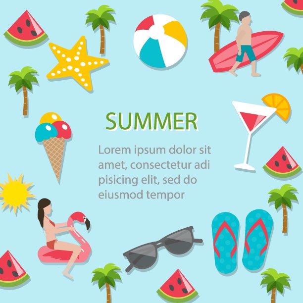 平坦的夏季假期，海滩度假海报与夏季图标设置。男人冲浪，女人游泳。派对邀请，背景，广告，销售背景。布局模板,向量图片下载