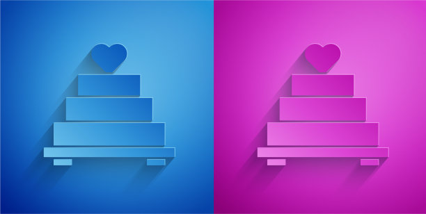 剪纸婚礼蛋糕与心的图标孤立上图片下载