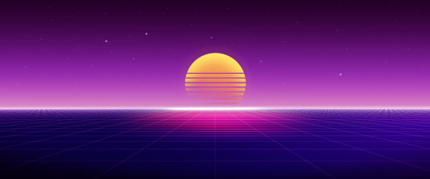 复古的80年代的未来主义背景与日落和网格，抽象的科幻概念。3 d渲染。图片下载