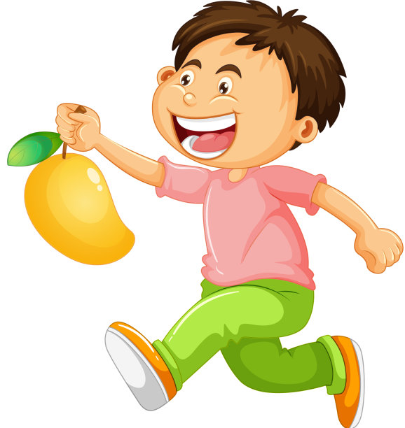 一个男孩抱着芒果水果的卡通人物图片下载