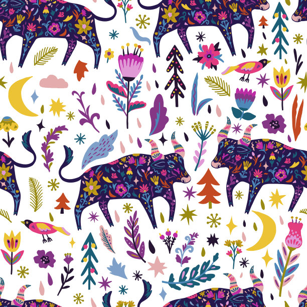 彩色涂鸦与牛无缝图案图片下载