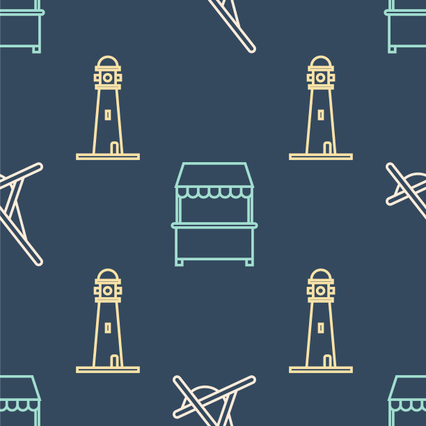 设置线太阳床灯塔和街道摊位与图片下载