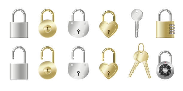 设置现实的挂锁和钥匙金色和图片下载