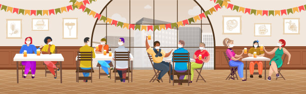 人们戴着医用口罩在酒吧里喝啤酒图片下载