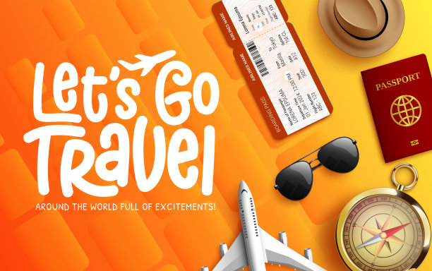 旅行矢量背景设计。让我们去旅行文本与指南针，机票，飞机和护照旅游元素的世界旅行和探索冒险背景。图片下载