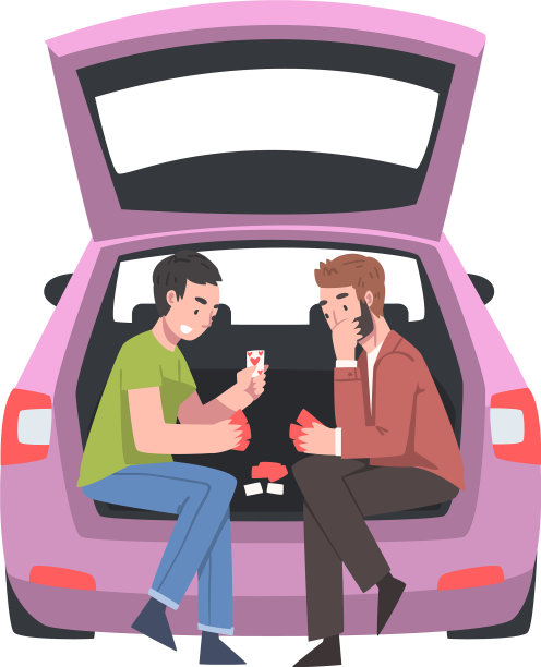 两个男人坐在汽车后备箱里打牌图片下载