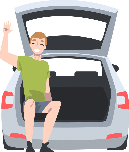 笑容满面的男人坐在后备箱里挥手图片下载