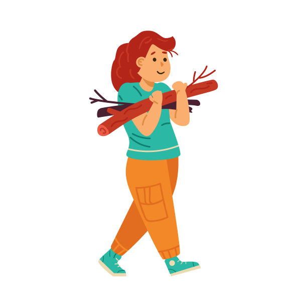 小女孩为篝火收集柴火平面矢量插图孤立。图片下载
