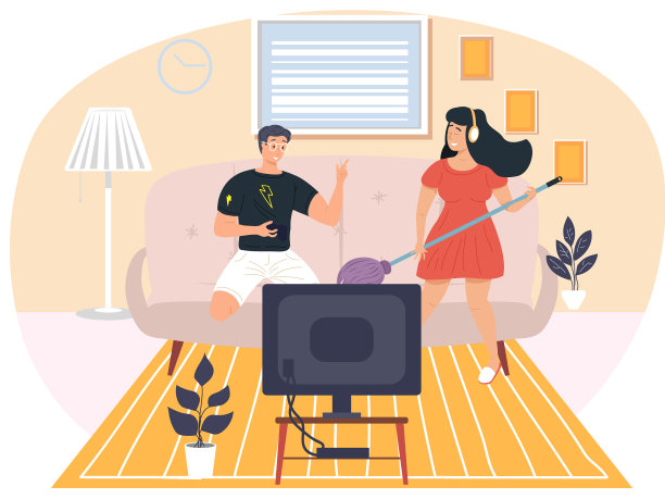 戴耳机的女孩玩拖把就像吉他男图片下载