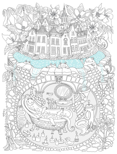 矢量轮廓细线插图。童话般的中世纪房屋，龙兽家庭公寓洞穴里的沉香花和地下浴室。成人涂色书页，t恤打印图片下载