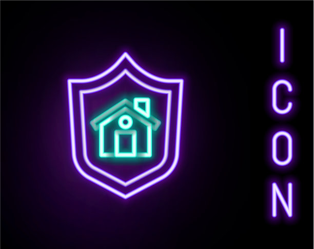 发光的霓虹灯线房子与盾牌图标隔离图片下载