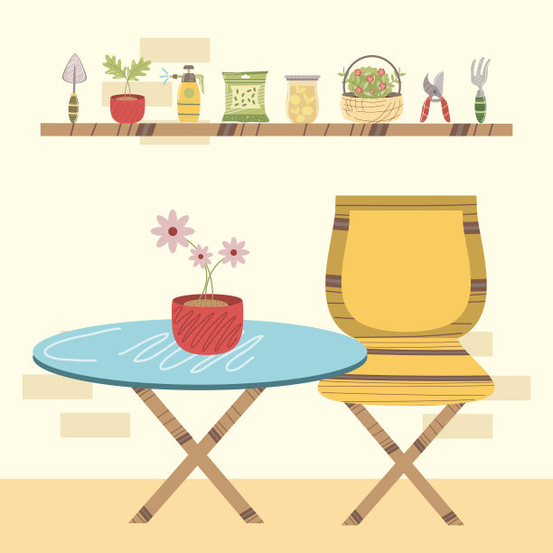 家花园桌子与花在花盆和植物图片下载