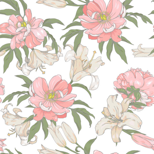 粉色的牡丹和白色的百合图片下载