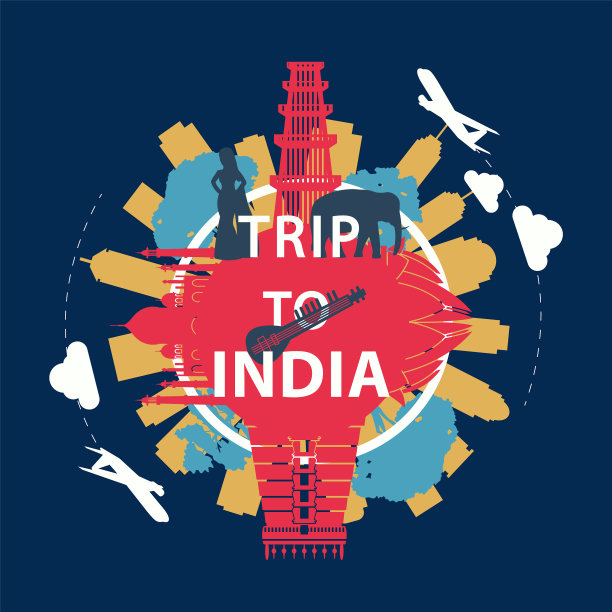印度著名的地标剪影叠加风格图片下载