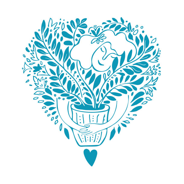 春天涂鸦女人拥抱最喜欢的室内植物图片下载