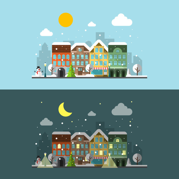 冬天的城市景观在白天和晚上图片下载