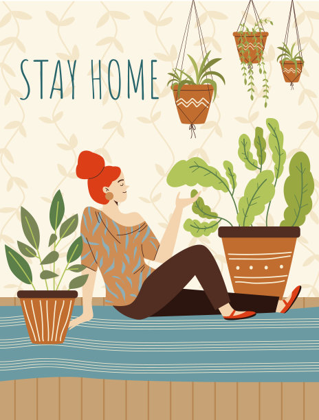 女孩呆在家里，享受舒适的室内花园和室内植物。图片下载