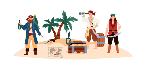 海盗岛与卡通海上海盗人物，矢量插图孤立。图片下载