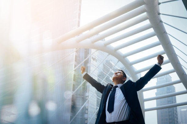 无忧无虑的商人双臂高举在蓝天下图片下载