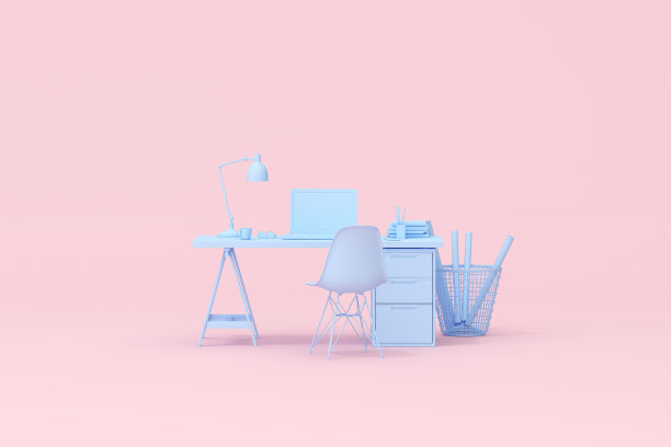 三维效果图的工作空间桌子与笔记本电脑和办公配件。图片下载