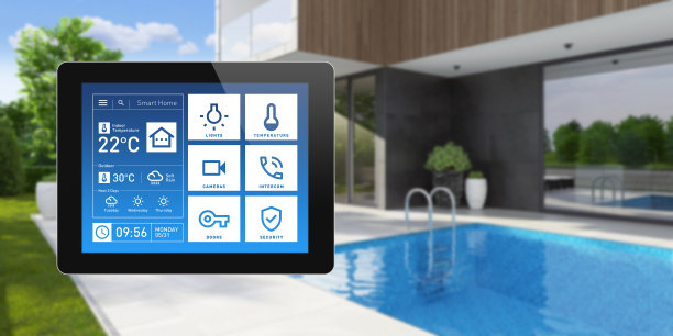 智能家居触摸屏设备的家庭控制与简单的概念应用程序设计。摄氏温度系统。现代住宅的焦点，复制空间和您的设计。图片下载