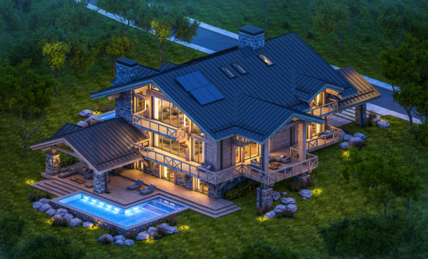 现代舒适的木屋在晚上的3d渲染图片下载