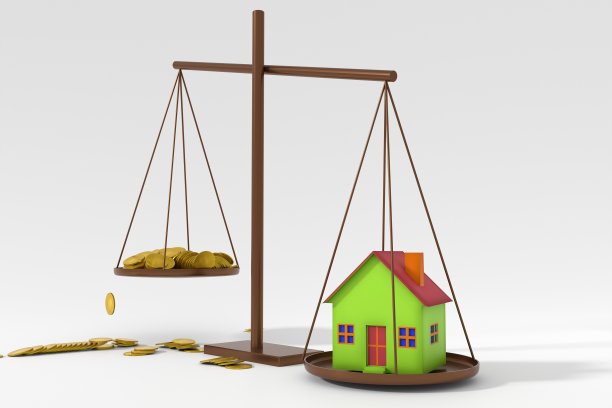 3 d演示。秤上有金钱和房子图片下载