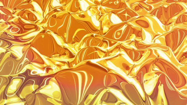 抽象背景与波浪形闪闪发光的金色液体图案在光泽的表面。粘稠的黄色液体，如金箔或明亮的玻璃表面。美丽的创意节日背景。三维渲染图片下载