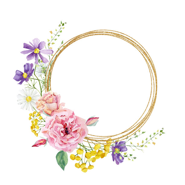 水彩手绘野生花卉圆形框与白色的野花，花园粉红色和紫色的草地花，牡丹，树枝，矢车菊，嫩枝，树叶为婚礼邀请。图片下载